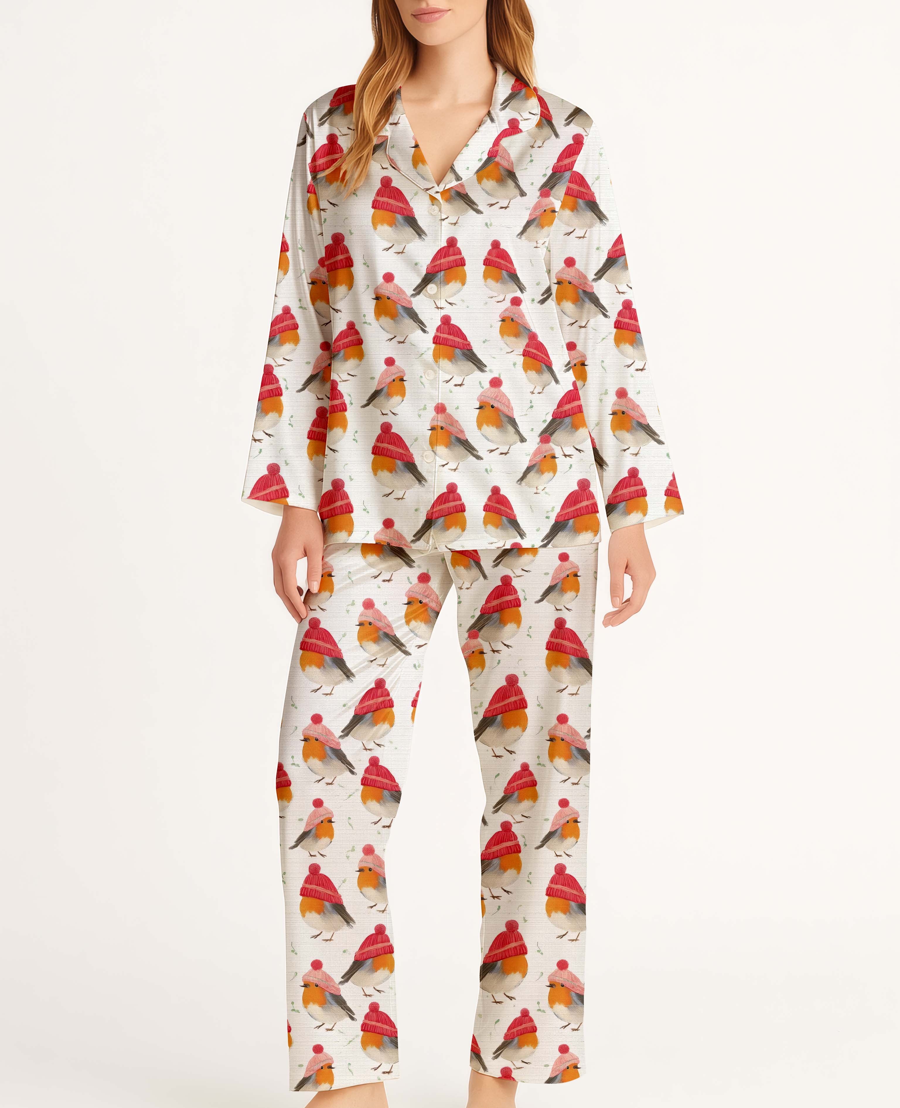 Winter Robins Christmas Satin Pajama Long Set For Women