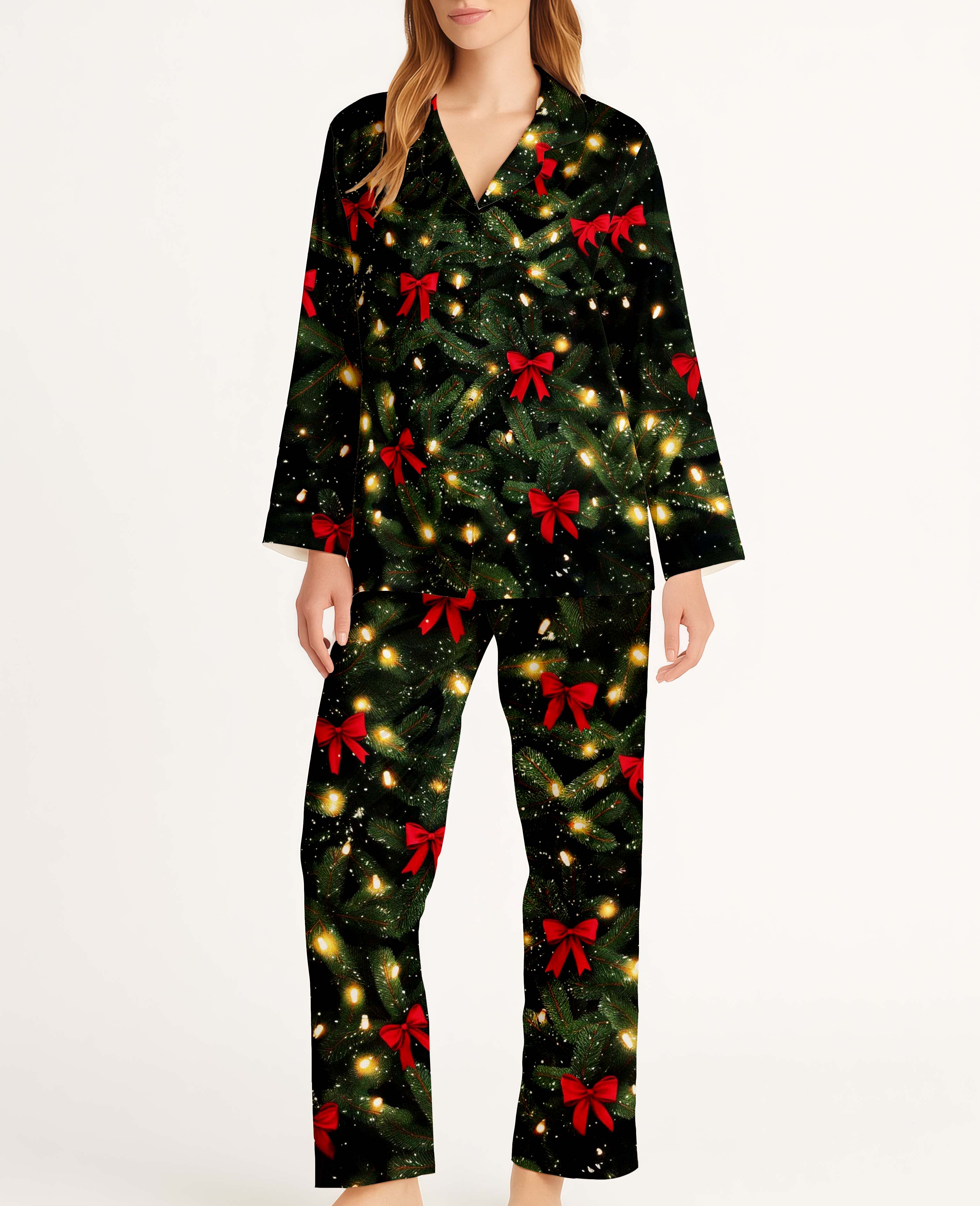Christmas Tree Print Satin Pajama Long Set For Women