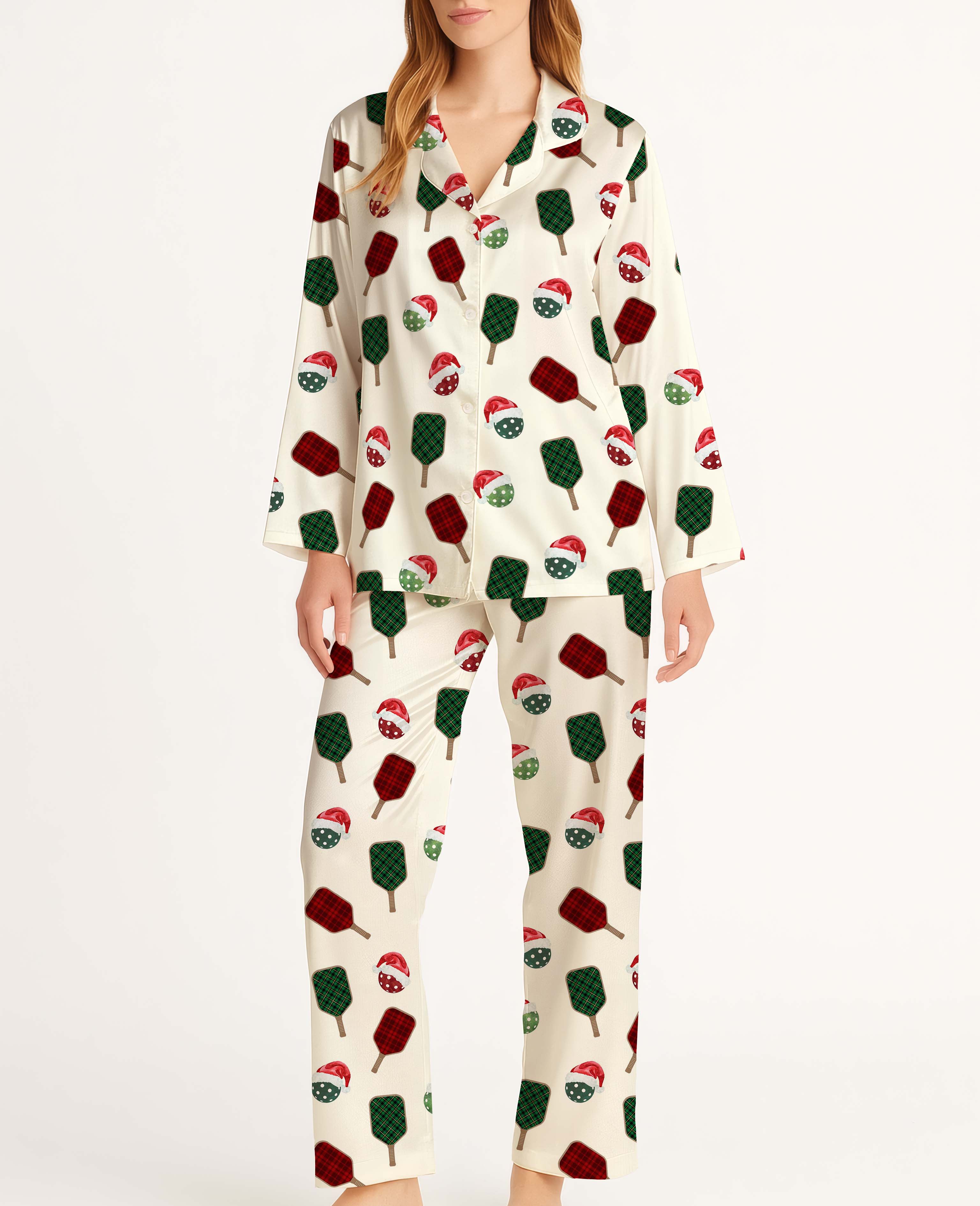 Christmas Pickleballs Santa Hat Satin Pajama Long Set For Women
