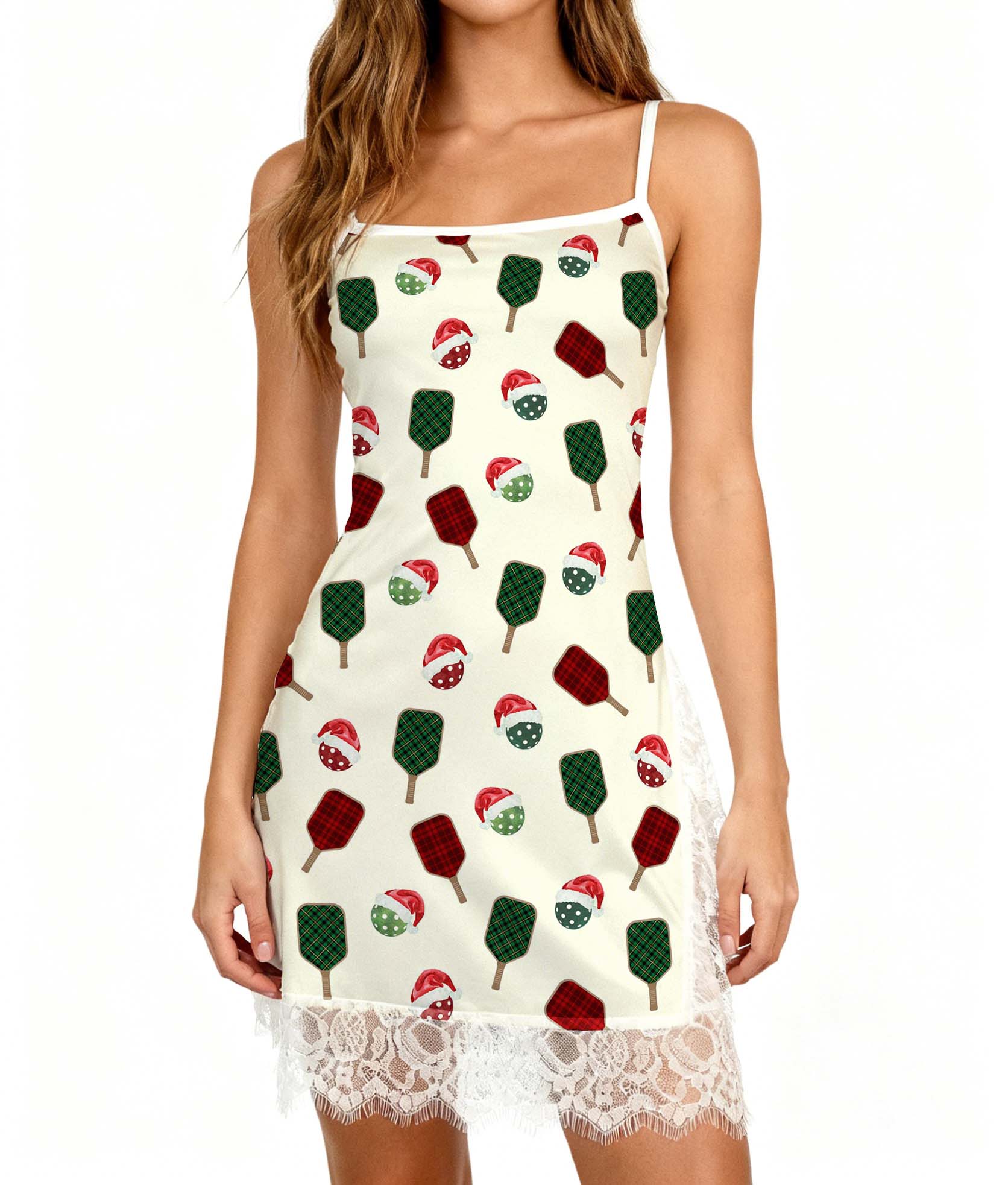 Christmas Pickleballs Santa Hat Lace Camisole Bodydress