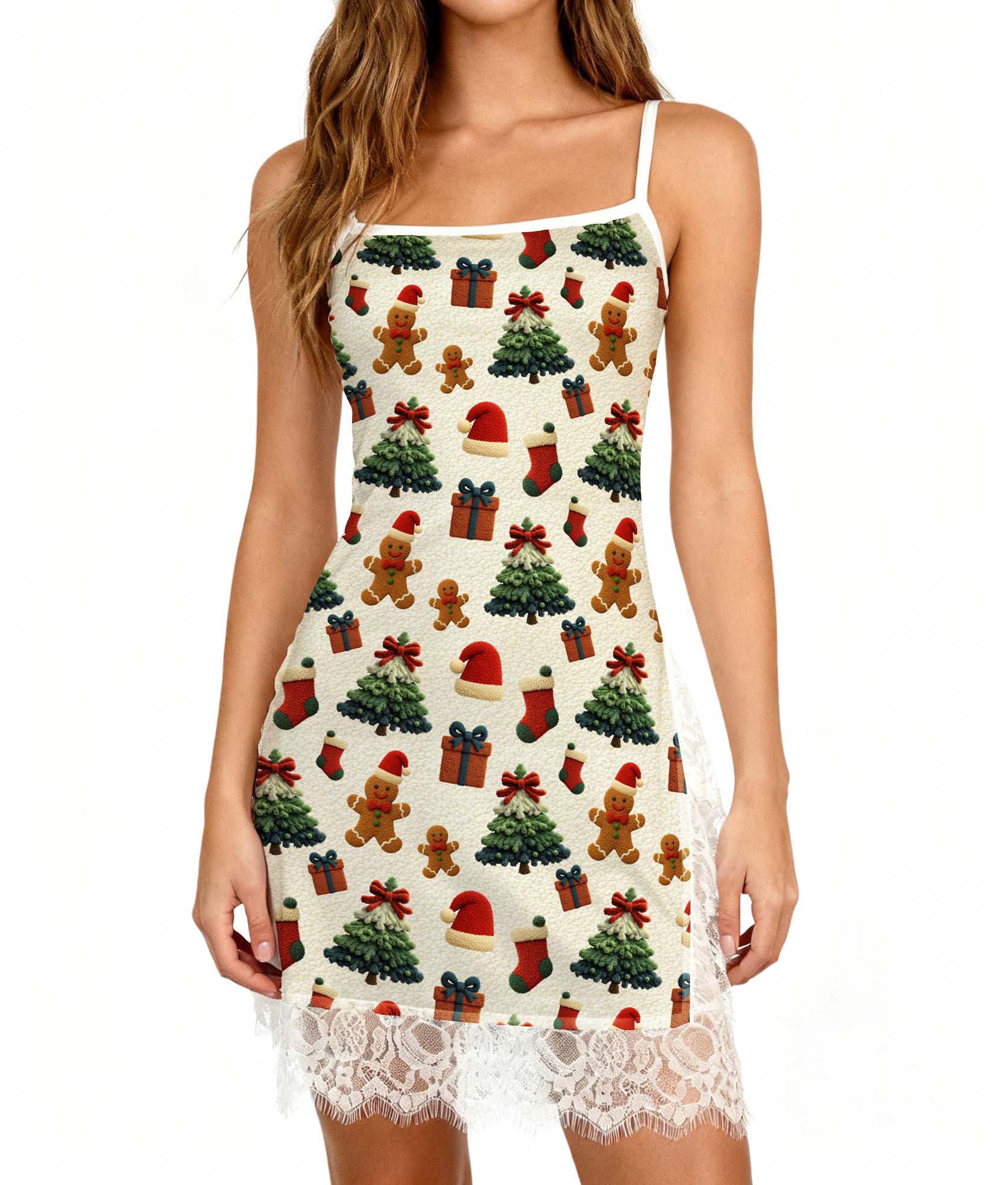Fluffy Christmas Tree Lace Camisole Bodydress
